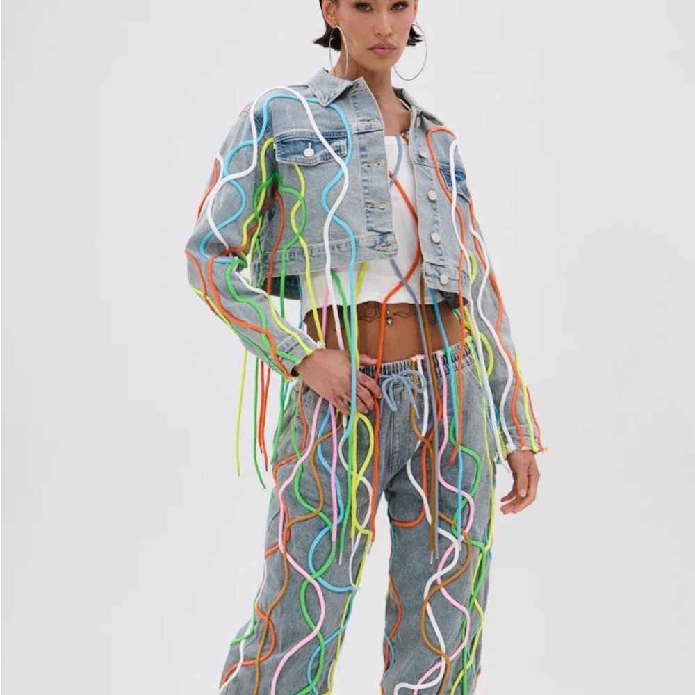 AKIRA WALK IT TALK IT DENIM JACKET Colorful String-Embellished XL SOLD OUT - Picture 2 of 2